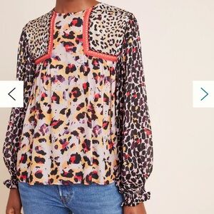 blank LONDON Anthropologie Joelle Leopard Print Crepe Oversized Peasant Top XS